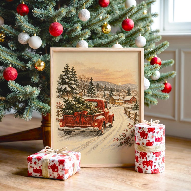 Vintage Red Truck Christmas Wall Art, Snowy Farmhouse Winter Poster, Holiday Tree Art Print zdjęcie 2