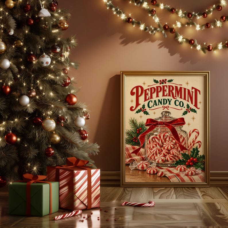 Peppermint Candy Wall Art, Vintage Christmas Kitchen Decor, Retro Holiday Art Print, Red Green Poster image 14