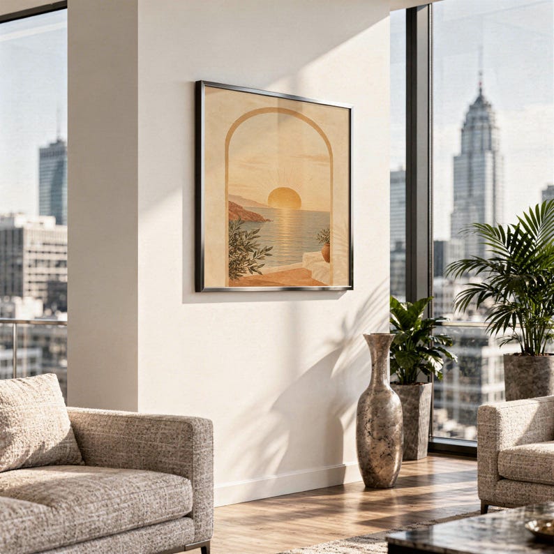 Mediterranean sunset arch print hanging in a high-rise apartment living room with a city skyline view.