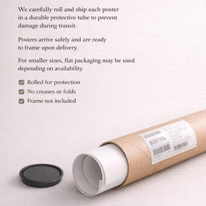 Text describing shipping and packaging details, with an image of a rolled poster in a brown tube with a black cap at the bottom right.