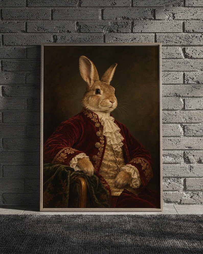 Regal rabbit portrait wall art print featuring a dignified brown rabbit dressed in a deep burgundy velvet coat with ornate gold embroidery and ivory lace, set against a moody dark background in classical Victorian oil painting style, framed and leaning against a beige sofa on a textured rug in a bright Scandinavian living room.