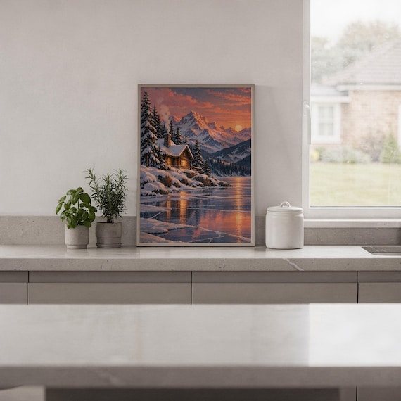 Winter cabin mountain wall art print standing on a white kitchen counter beside potted herbs.