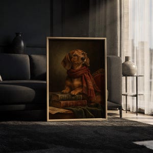 Dachshund wall art print leaning against a white sofa in a bright living room with sheer curtains.