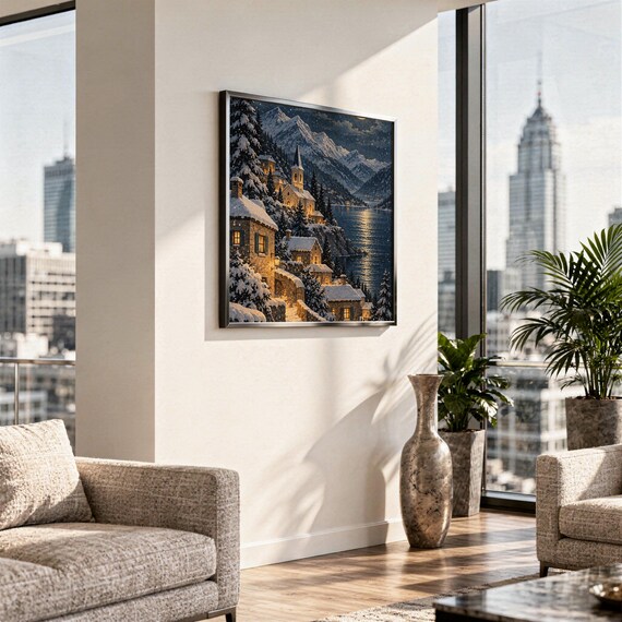 Snowy mountain village wall art print hanging in a high-rise apartment living room with a city skyline view.