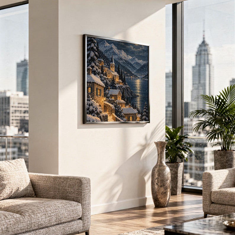 Snowy mountain village wall art print hanging in a high-rise apartment living room with a city skyline view.