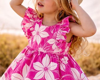 Girls Pink Floral Cotton Summer Dress | Ruffle Sleeve Beach Frock