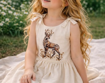 Girls Linen Dress with Deer Embroidery | Vintage Style Summer Outfit