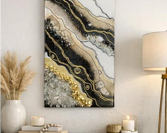 Luxury Black Gold Geode Wall Art, Resin Crystal Wall Decor, Quartz & Fire Glass Artwork, Modern Glam Home Decor, Ready to Hang 18x12