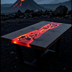 Puede incluir: Una mesa rectangular de madera con un río de resina roja brillante en el centro. La mesa tiene patas de metal negro. En el fondo, un volcán entra en erupción, con lava fluyendo por su ladera.