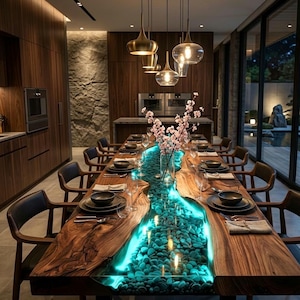 Handcrafted live edge epoxy river dining table with glowing LED river effect.