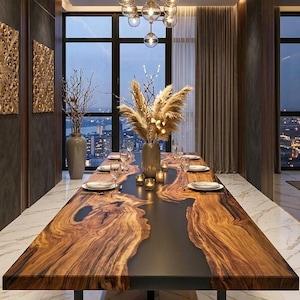 Mesa de comedor artesanal de resina epoxi con borde natural y efecto LED luminoso.
