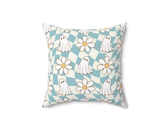 Ghost and Daisy Decorative Pillow, Whimsical Halloween Decor