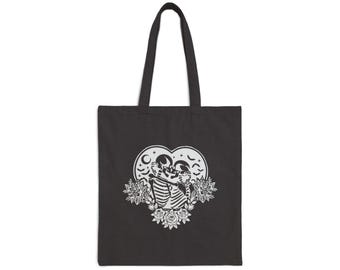 Skeleton Couple Heart Tote Bag | Floral Moonlight Illustration