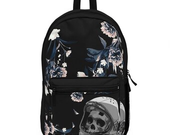 Skull & Floral Backpack Set in Black with Teal, Pink and Cream Accents Skull and Black Rose Pattern Backpack | Gothic Floral Skull  main image 3