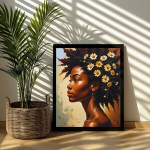 Afrocentric Black Woman Art Print: Melanin Queen with White Flowers (Digital Download