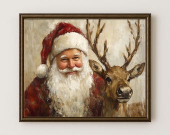 Vintage Santa Claus and Reindeer Printable, Old World Festive Traditional Decor, Christmas wall Art, Classic Rustic Digital download