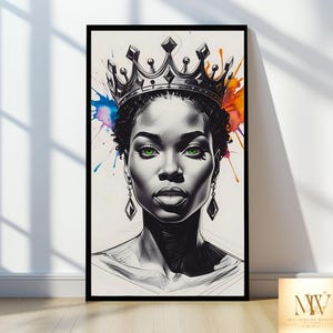 Afro Crowned Black Woman Digital Art, Melanin Queen Wall Print, African American Home Decor, Afrocentric Printable Wall Art