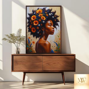 Black afro Beauty with flowers Wall Art –Black Woman with flowers Portrait , Bold Printable Art, Cultural Home Decor, Melanin Magic Download