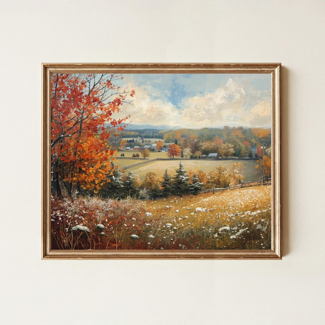 Vintage Autumn Landscape Oil Painting: Rustic Farmhouse Print (digital ...