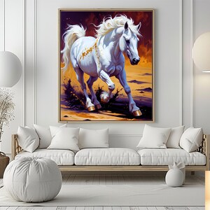 White Horse Running Art Print: Abstract Gold Light, Equestrian Wall Decor (Digital Download