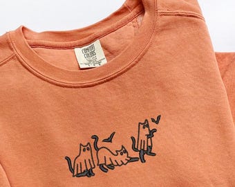 Embroidered Ghost Cat Comfort Colors Shirt, Halloween Cat Embroidery Tee, Spooky Season Fall Sweatshirt, Gift for Halloween, Fall Embroidery