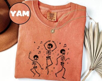 Halloween Skeleton Dancing Tee Shirts, Retro Skeleton Shirt, Spooky Season Shirt, Halloween Custom Tops, Skeletons with Music Notes T-Shirts