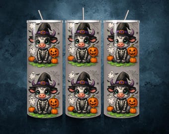 Cute Halloween Cow Design, Cow Tumbler PNG, Baby Cow Skeleton Sublimating, Cow Digital Design, Spooky Digital Design, Fall Farm Animal PNG