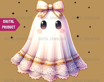 Cute Ghost PNG, Fall Halloween Sublimation Design with Bows, Girly Spooky Season Clipart, Digital Download for Shirts, Boo Ghost Design