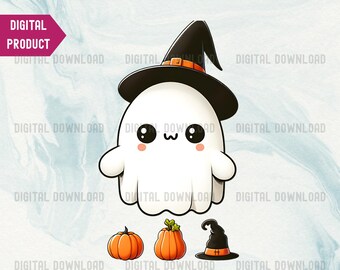 Kawaii Witch Ghost PNG, Cute Halloween Ghost Sublimation Design, Pumpkin Magic Clip Art File, Adorable Boo Ghost Print
