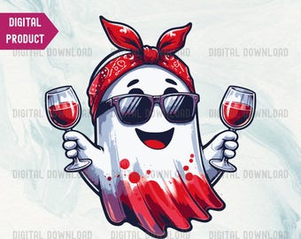 Funny Wine Ghost PNG, Halloween Ghost With Wine Sublimation Design, Boozy Ghost Digital Design, Halloween Red Bandana Wine Lover Design