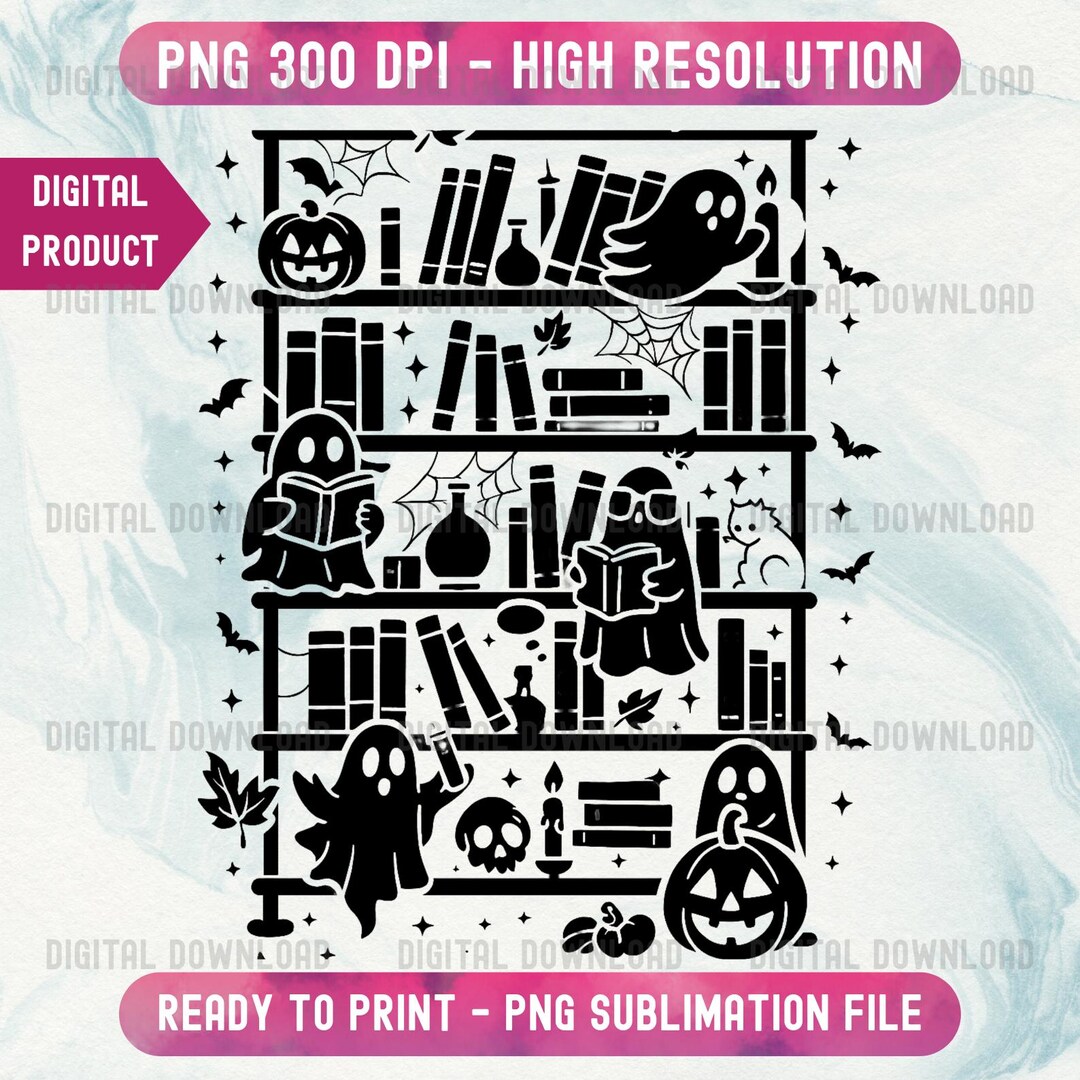 Haunted Library Ghost PNG, Halloween Bookshelf Sublimation Design ...