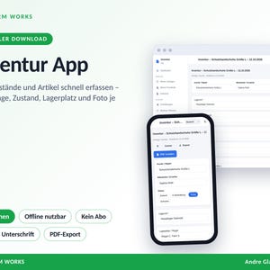 Pode incluir: Uma interface de aplicativo de inventário digital exibida em um smartphone e em uma tela de computador. O texto inclui AGD FORM WORKS, Inventur App e vários rótulos em alemão descrevendo recursos como uso offline, exportação de PDF e suporte a fotos.
