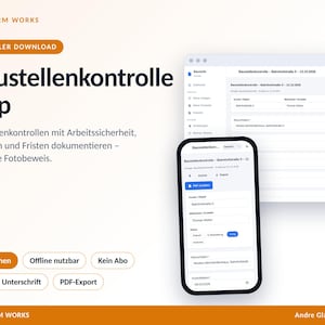 May include: A digital construction site inspection app interface displayed on a smartphone and a computer screen. The text includes AGD FORM WORKS, Baustellenkontrolle App, and various feature labels like 8 Sprachen and PDF-Export.