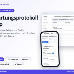 Op de afbeelding: Een digitale download voor een onderhoudsprotocol-app van AGD Form Works. De interface toont velden voor het documenteren van onderhoud aan apparatuur, inclusief klantgegevens, medewerkers en status, met een optie voor PDF-export.