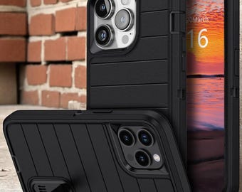 May include: Black protective phone cases with a textured, ridged design. One case displays the phone screen with a sunset image and the date March 16. The cases have camera cutouts and a kickstand.