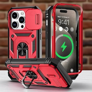 May include: Red and black phone cases with a built-in ring holder and camera lens protector. The cases have a rugged, geometric design. One case is open, displaying a phone screen with the time and a charging indicator.