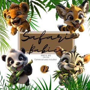 Lot de 12 cliparts bébés Safari – 12 images PNG et JPG | Illustrations d'animaux mignons | Utilisation commerciale | Graphismes Jungle Safari pour enfants