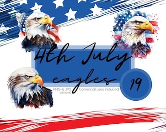 4th of July Bald Eagle Clipart Bundle – 19 PNG & JPG | Commercial Use | USA Patriotic Independence Day Graphics