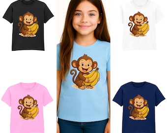 Kinder T-Shirt mit süßem Affen und  Bananen – Tiermotiv –  Baumwolle – Jungen & Mädchen – Geschenkidee – viele Farben