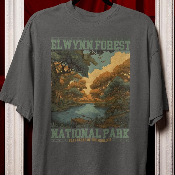 Camiseta de colores cómodos del Bosque de Elwynn / Parque Nacional MMO vintage, camiseta de regalo para jugadores de rol retro, camiseta con póster de naturaleza fantástica, nerd de la Zona Murloc