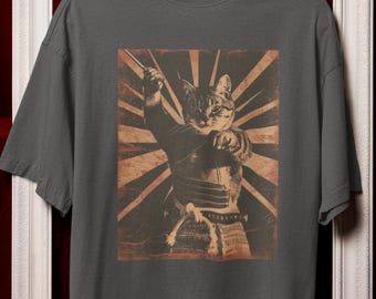 Samurai Cat | Vintage Japanese Warrior Comfort Colors T-Shirt, Retro Feline Samurai Graphic Tee, Funny Cat Lover Gift, Martial Arts Shirt