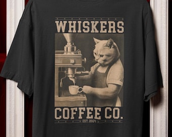 Whiskers Coffee Co. | Vintage Barista Cat Comfort Colors T-Shirt, Funny Coffee Lover Graphic Tee, Retro Cafe Cat Shirt, Barista Gift Top