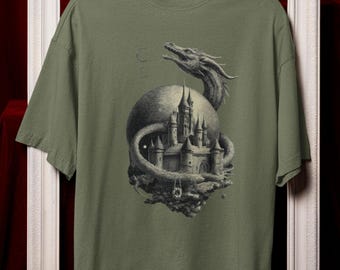 Wyrmhold Dragon Castle Shirt | Comfort Colors Fantasy Graphic Tee, Gothic Medieval Fortress T-Shirt, Magic Dragon Rider Bookish DnD Gift for
