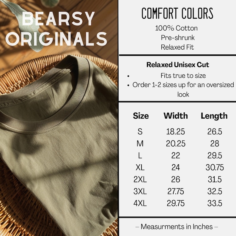 Może przedstawiać: Oliwkowa koszulka z napisem "BEARSY ORIGINALS". Koszulka jest w 100% bawełniana, wstępnie skurczona i ma luźny kr&oacute;j unisex. Tabela rozmiar&oacute;w pokazuje wymiary w calach, o szerokościach od 46,36 cm do 75,57 cm.