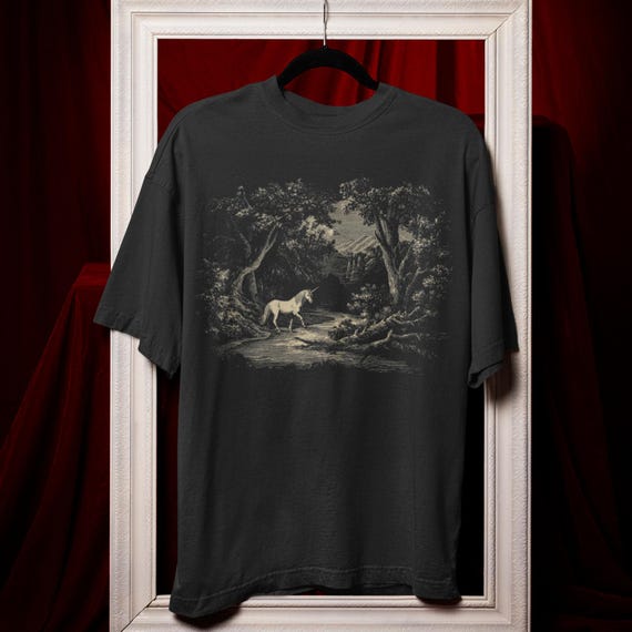 Lunaris | Vintage Unicorn Tshirt, Mythical Creature Tee, Dark Fantasy Forest Shirt Art Top, Enchanted Woodland Aesthetic RPG DND Gift Idea