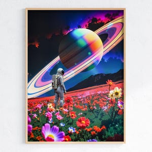 Surreal Saturn Dreams Art Print: Astronaut in Flower Field (Digital Download)