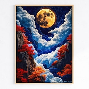 Celestial Autumn Moon Art Print: Surreal Fantasy Landscape (Digital Download