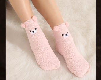 Pink Bear Fleece Socks, Cozy Fluffy Slipper Socks, 3D Ear Design, Warm Winter Lounge Socks For Women, Cute Gift Idea, Gift For Her
