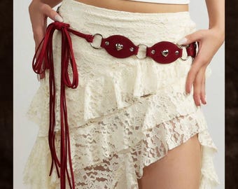 Burgunderfarbener Herzgürtel, Boho-Western-Taillengürtel mit Quasten, Y2K-Gürtel, Geschenk für Sie