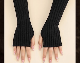 Guanti neri senza dita in maglia, lunghi manicotti invernali, comodi guanti da donna per messaggiare, regalo per lei